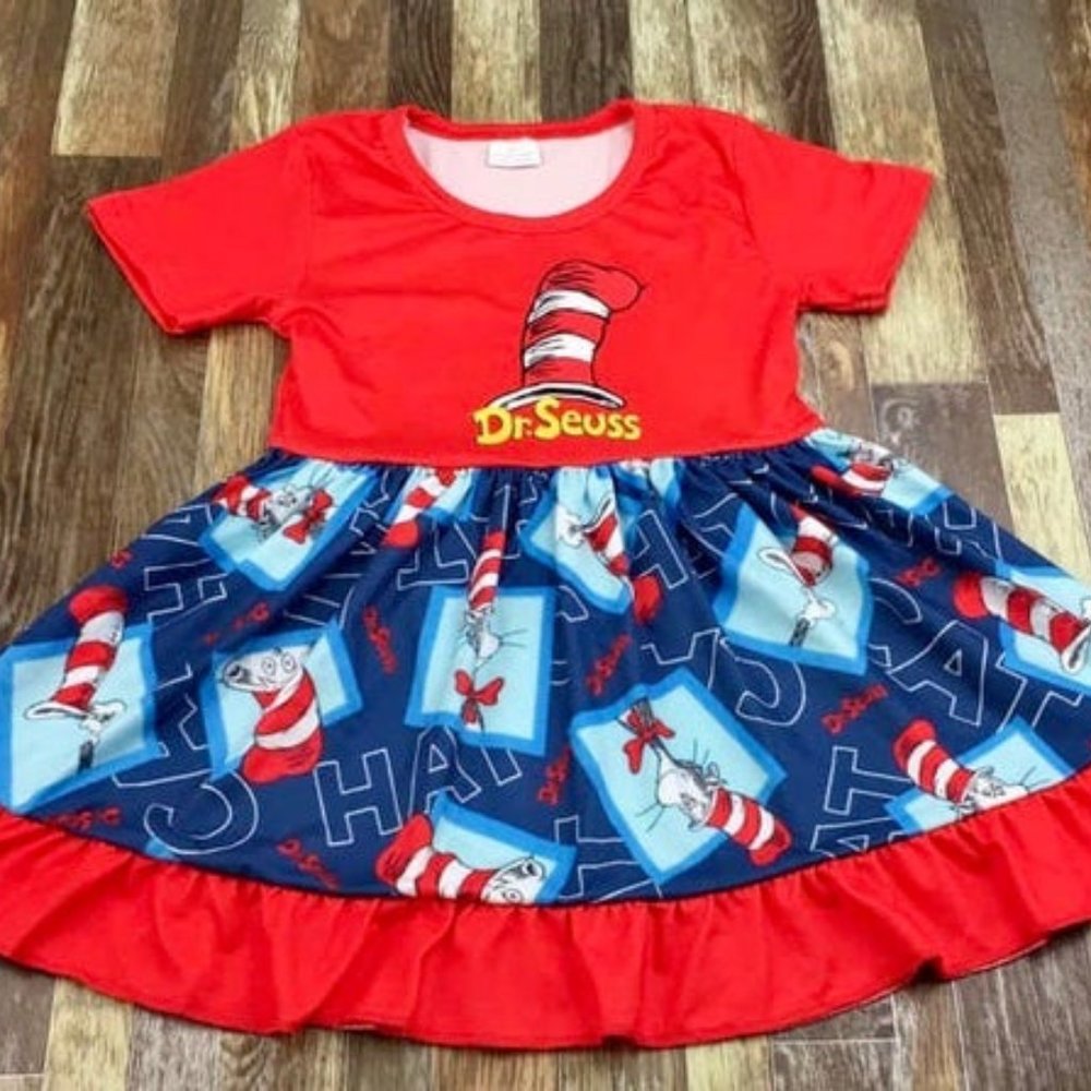 Dr Seuss Day Red Blue Cat in the Hat Flutter Sleeve Dress